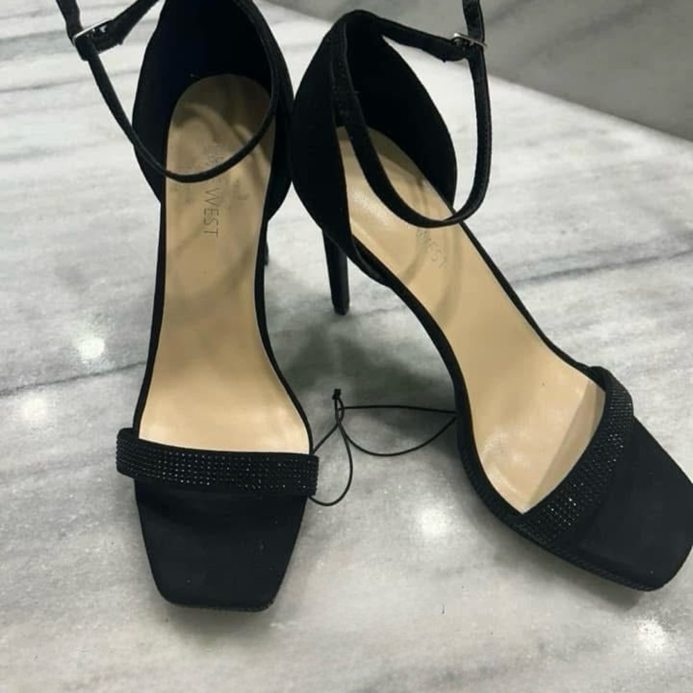 Nine West Black Heels with Ankle Straps and Square Toe